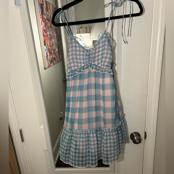 Miss Selfridge chiffon frill detail mini slip dress in blue gingham print - Picture 3 of 3